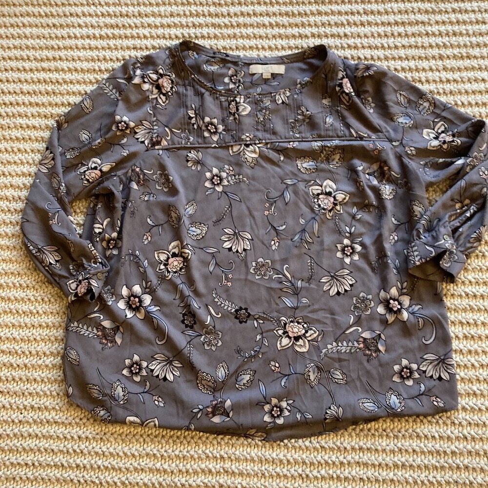 Loft Womens Crew Neck Floral Blouse Regular Fit Long Sleeve Size 22 Gray